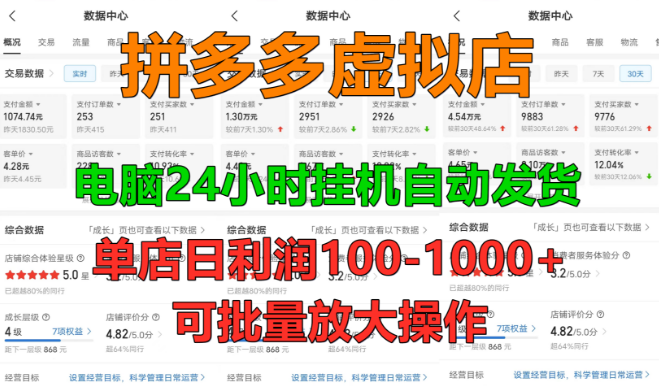 拼多多虚拟店铺新商机，电脑挂机自动发货，单店日入100-1000+，稳定盈利新手优选，支持批量放大操作！-聚财技资源库