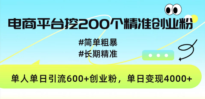 电商平台精准引流，日获200+创业粉丝，单人单日引流600+，长期稳定变现4000+-聚财技资源库