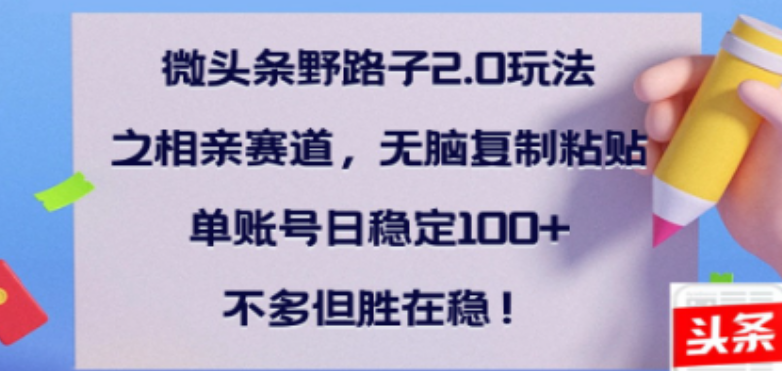 全网首发，微头条野路子2.0相亲赛道攻略，无脑操作，复制粘贴即赚，单账号日入300+保姆级教程-聚财技资源库